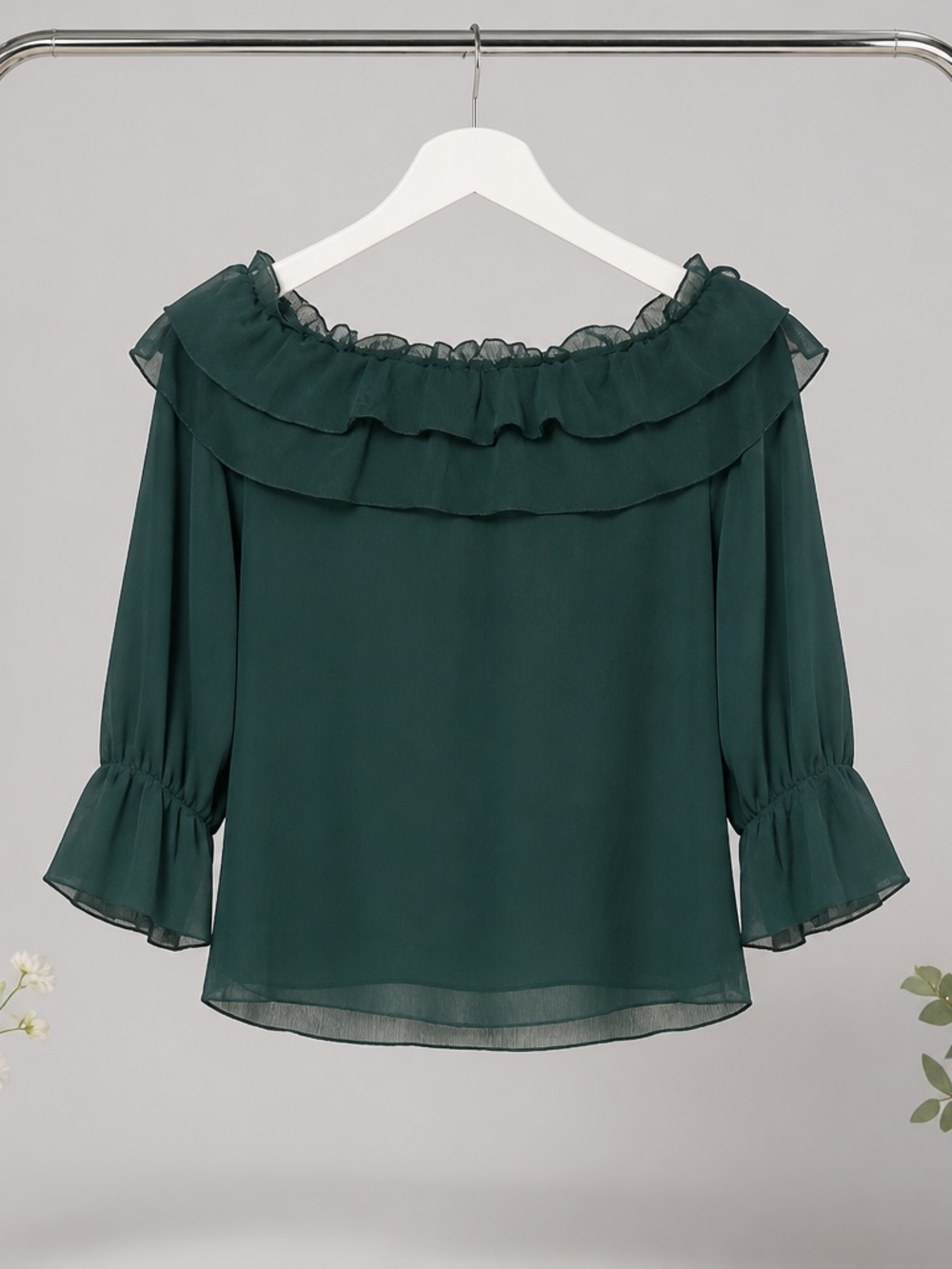 Zara Forest Green Ruffled Off-Shoulder Blouse
